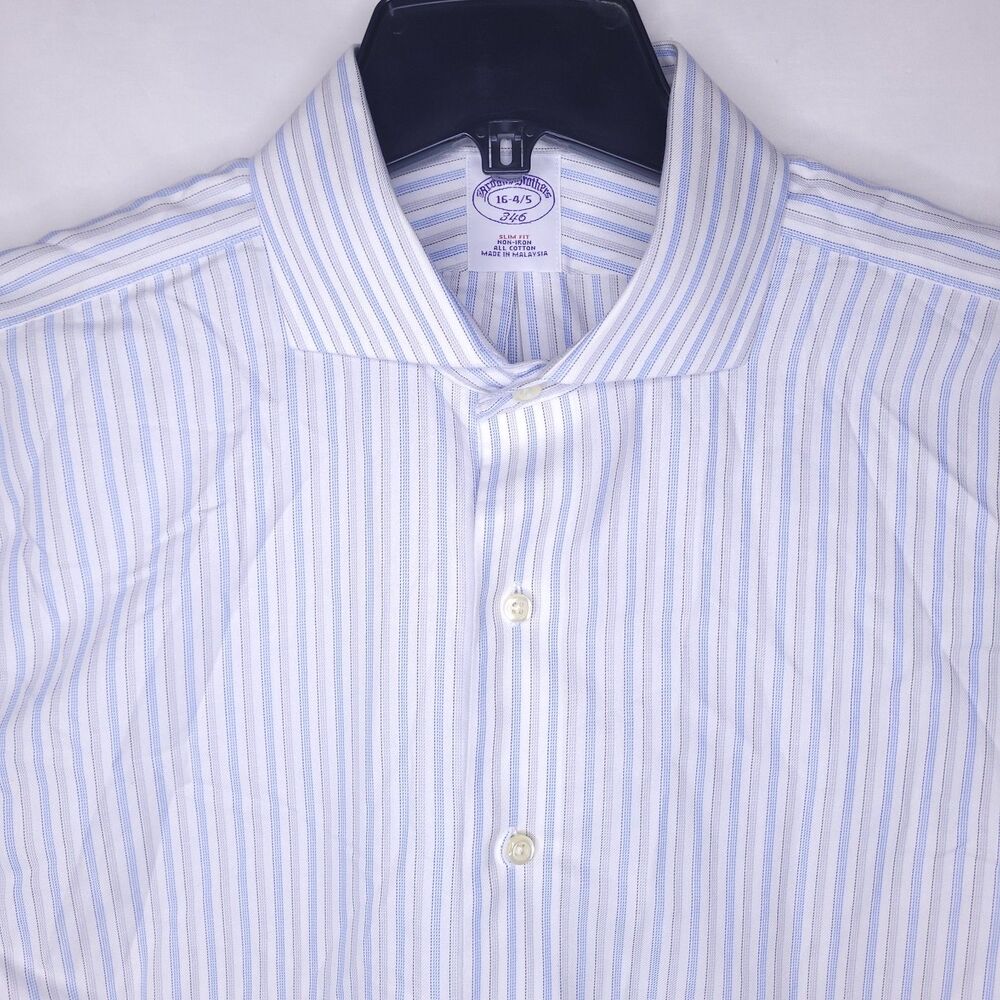 Brooks Brothers Dress Shirt Mens 16 Striped White, Blue Slim Fit Non Iron 34/35